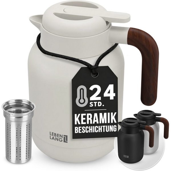 Lebenlang Isolierkanne 1,5L Thermoskanne inkl. Teesieb - Kaffee & Tee - Heiß & Kalt, 1.5 l, Innenwand aus Keramikbeschichtung, Auslaufsicher, Drehdeckel