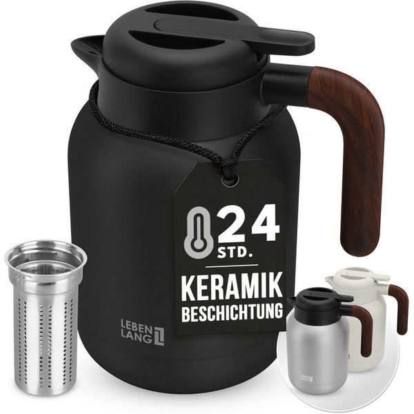 Lebenlang Isolierkanne 1,5L Thermoskanne inkl. Teesieb - Kaffee & Tee - Heiß & Kalt, 1.5 l, Innenwand aus Keramikbeschichtung, Auslaufsicher, Drehdeckel