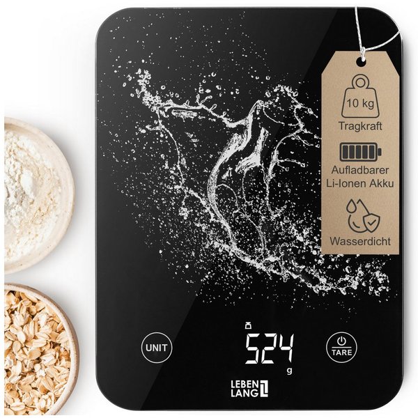 Lebenlang Küchenwaage Digitale Küchenwaage - Wasserfest - Bis 10kg & 1gr Schritte - Mit USB, Tara-Funktion, Gängige Messeinheiten, Akkubetrieb, perfektes Abwieg