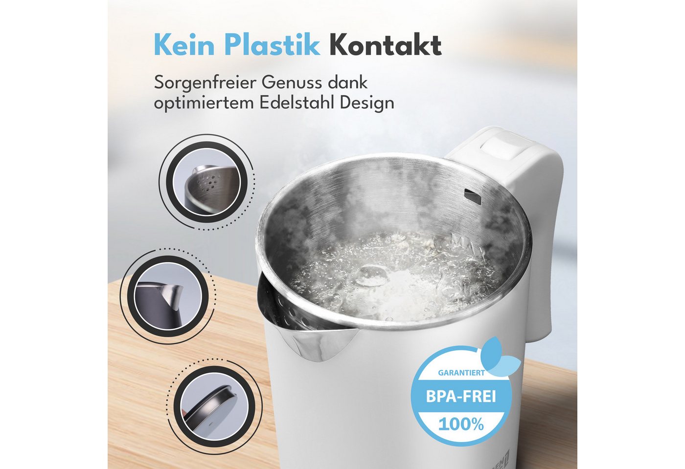 Lebenlang Reise-Wasserkocher Klein & Handlich, Ideal für die Reise, In Schwarz & Weiß, 600,00 W, Energieeffizienz I BPA-frei I Tragbares Design I Edelstahlgehäu – Bild 3 von 5