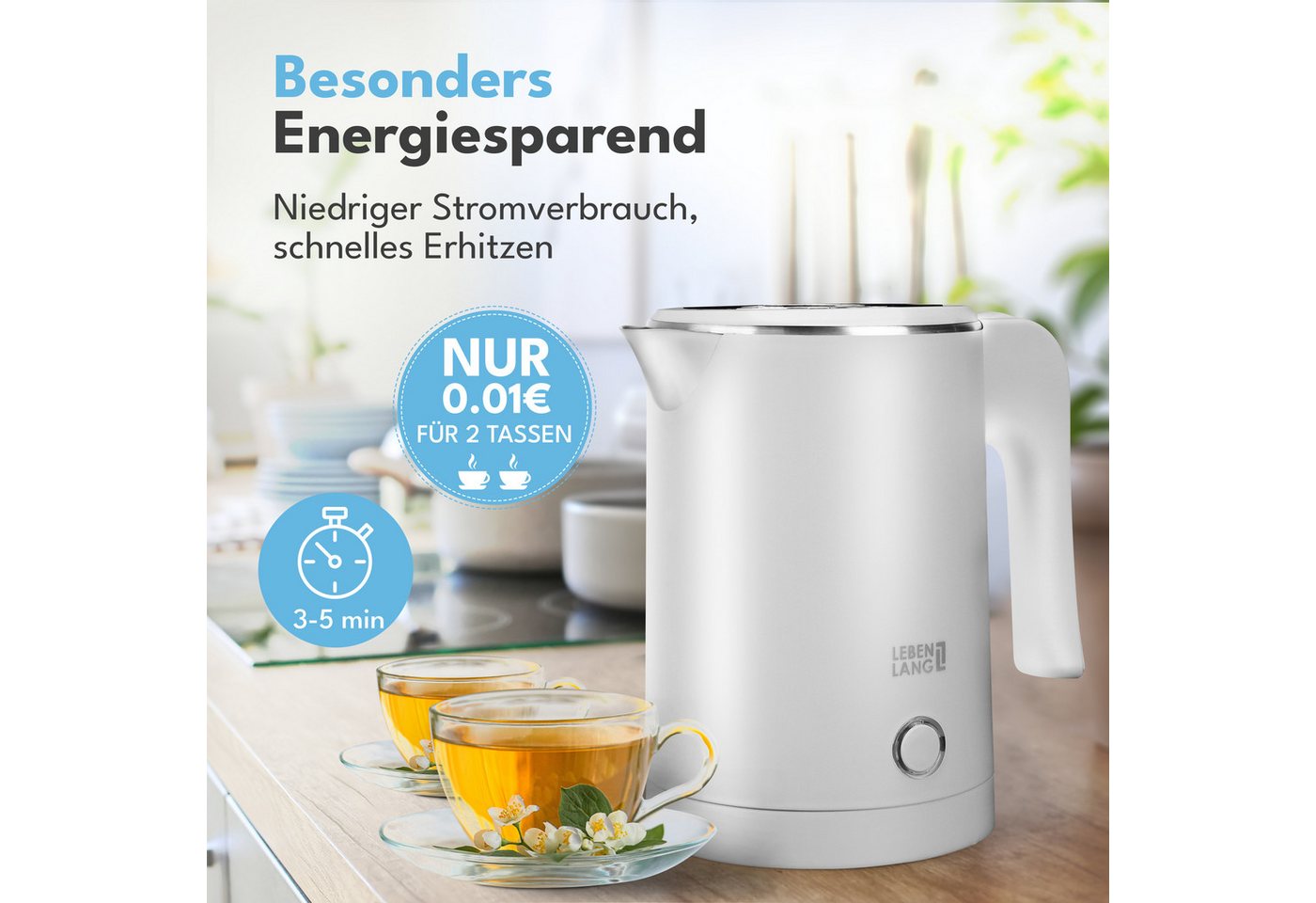 Lebenlang Reise-Wasserkocher Klein & Handlich, Ideal für die Reise, In Schwarz & Weiß, 600,00 W, Energieeffizienz I BPA-frei I Tragbares Design I Edelstahlgehäu – Bild 4 von 5