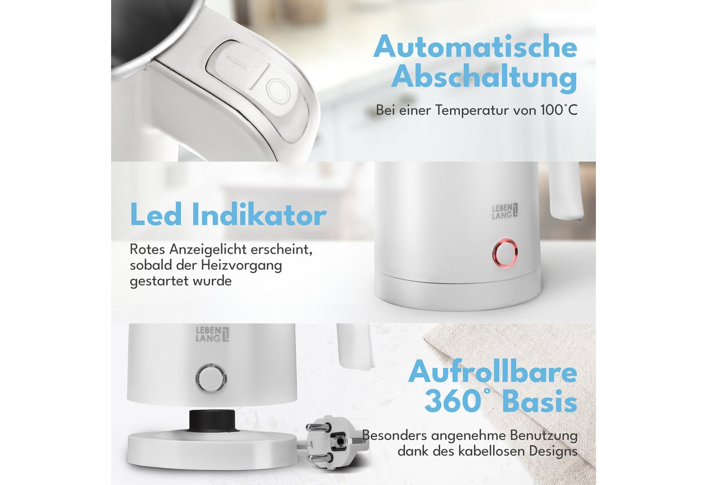 Lebenlang Reise-Wasserkocher Klein & Handlich, Ideal für die Reise, In Schwarz & Weiß, 600,00 W, Energieeffizienz I BPA-frei I Tragbares Design I Edelstahlgehäu – Bild 5 von 5