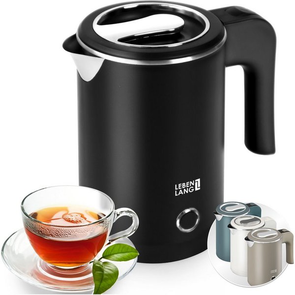 Lebenlang Reise-Wasserkocher Klein & Handlich, Ideal für die Reise, In Schwarz & Weiß, 600,00 W, Energieeffizienz I BPA-frei I Tragbares Design I Edelstahlgehäu