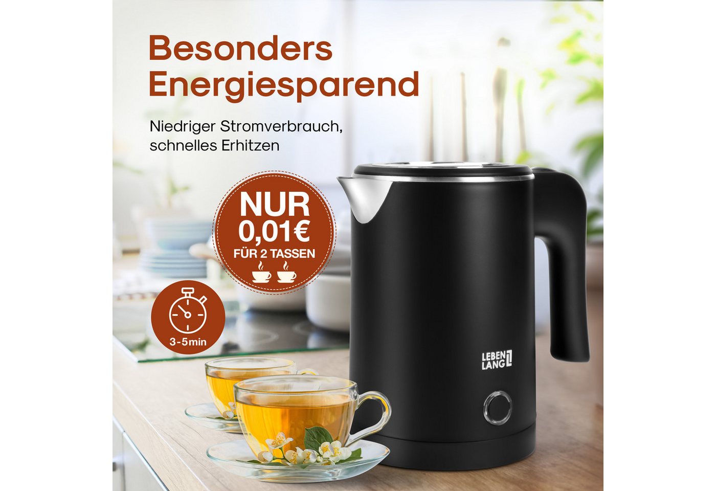 Lebenlang Reise-Wasserkocher Klein & Handlich, Ideal für die Reise, In Schwarz & Weiß, 600,00 W, Energieeffizienz I BPA-frei I Tragbares Design I Edelstahlgehäu – Bild 4 von 5