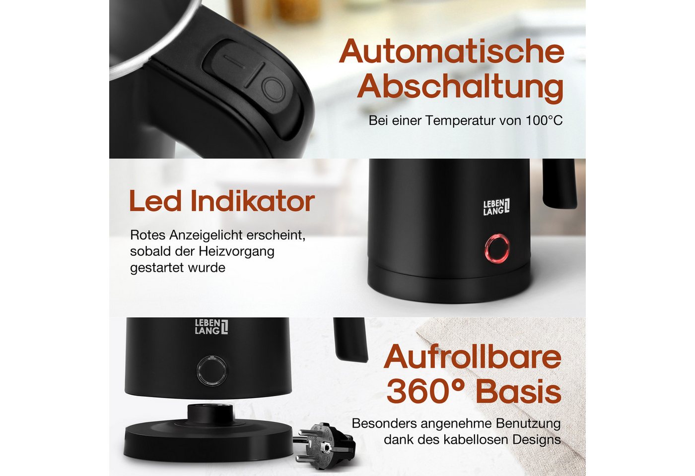 Lebenlang Reise-Wasserkocher Klein & Handlich, Ideal für die Reise, In Schwarz & Weiß, 600,00 W, Energieeffizienz I BPA-frei I Tragbares Design I Edelstahlgehäu – Bild 5 von 5