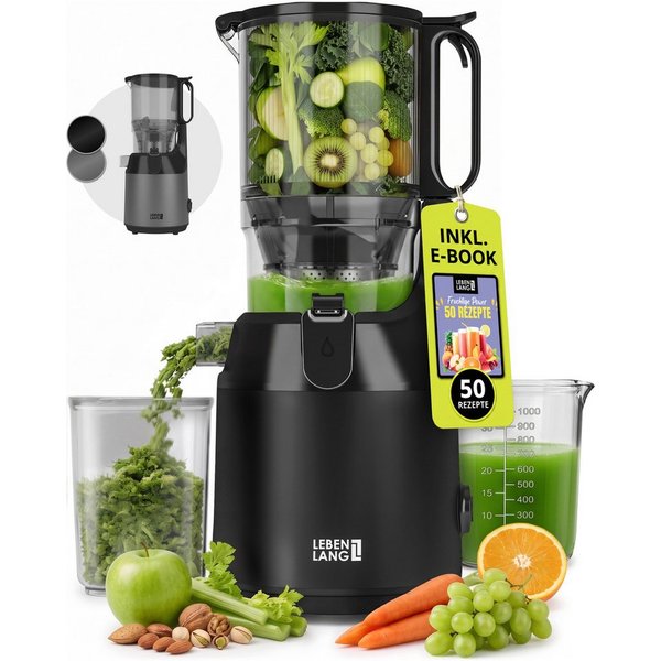 Lebenlang Slow Juicer Entsafter mit 130-mm-Einfüllöffnung, für ganze Früchte & Gemüse, 250 W, Kaltpress-Technologie, BPA-frei, spülmaschinengeeignet