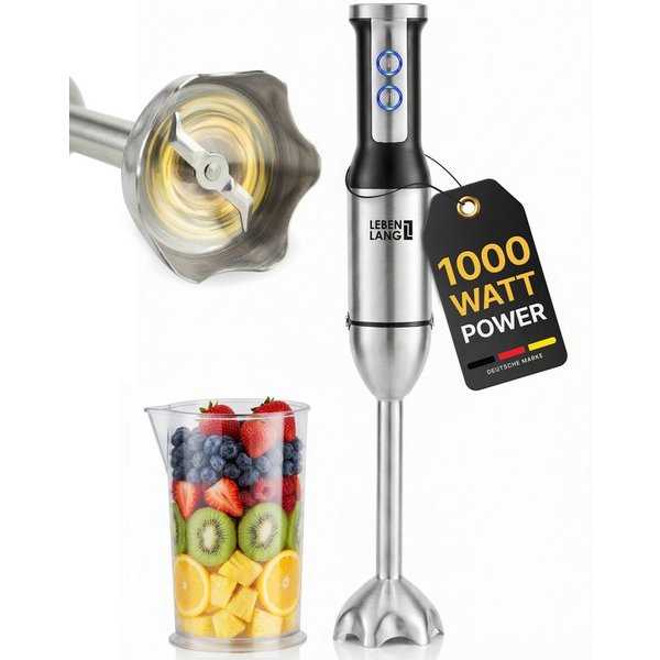 Lebenlang Stabmixer Edelstahl Pürierstab, 1000,00 W, 8 Geschwindigkeitsstufen & Turbo-Modus I Edelstahl I Spritzschutz
