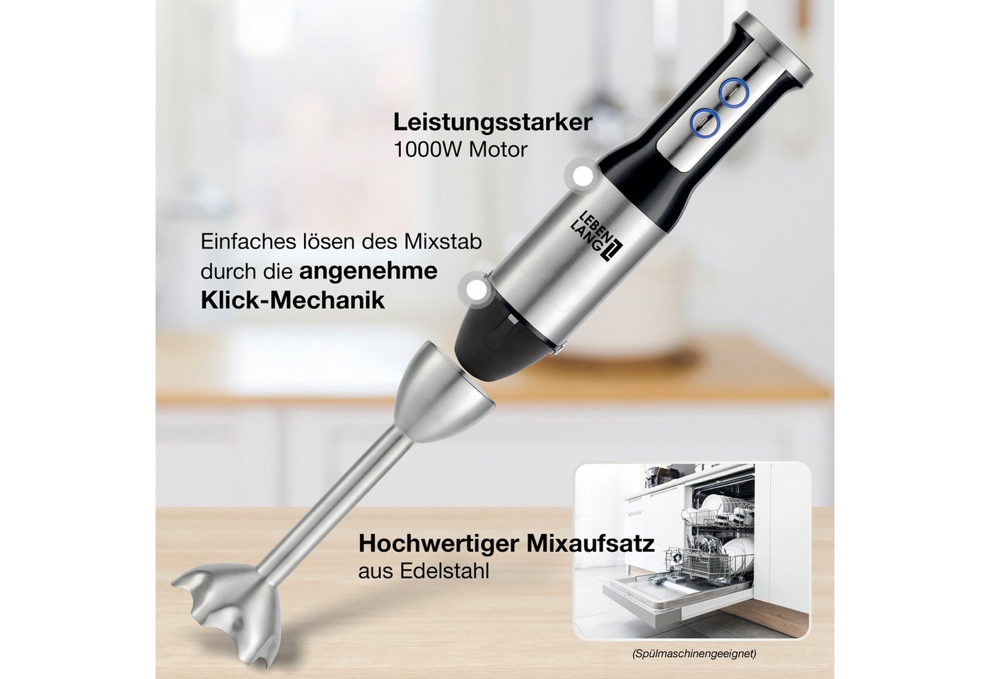 Lebenlang Stabmixer Edelstahl Pürierstab, 1000,00 W, 8 Geschwindigkeitsstufen & Turbo-Modus I Edelstahl I Spritzschutz – Bild 2 von 5