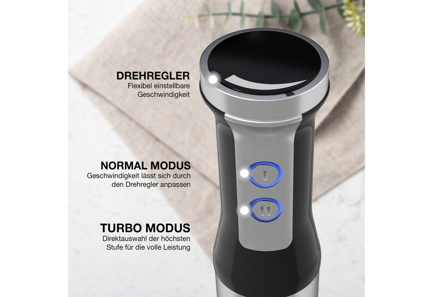 Lebenlang Stabmixer Edelstahl Pürierstab, 1000,00 W, 8 Geschwindigkeitsstufen & Turbo-Modus I Edelstahl I Spritzschutz – Bild 3 von 5
