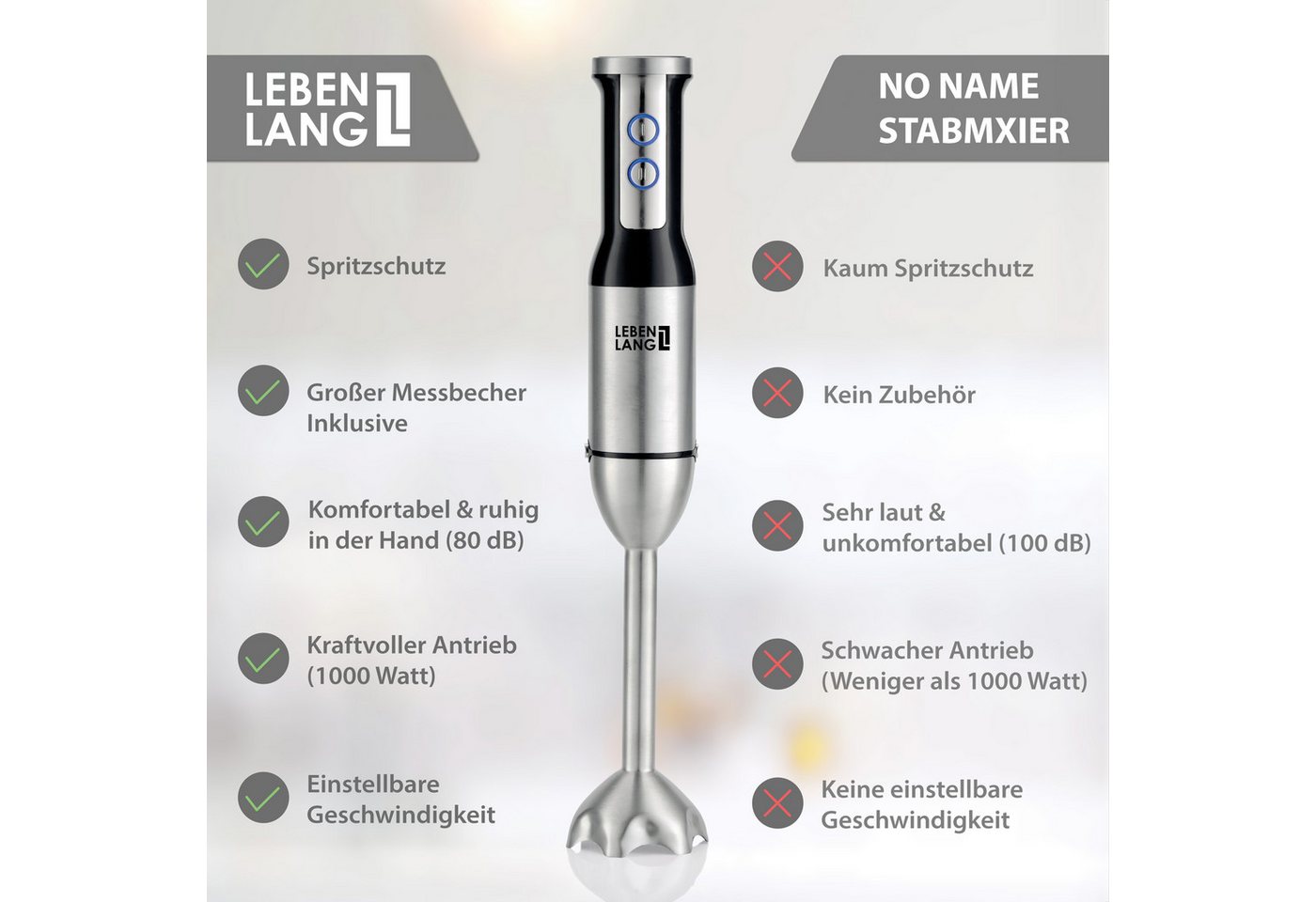 Lebenlang Stabmixer Edelstahl Pürierstab, 1000,00 W, 8 Geschwindigkeitsstufen & Turbo-Modus I Edelstahl I Spritzschutz – Bild 4 von 5