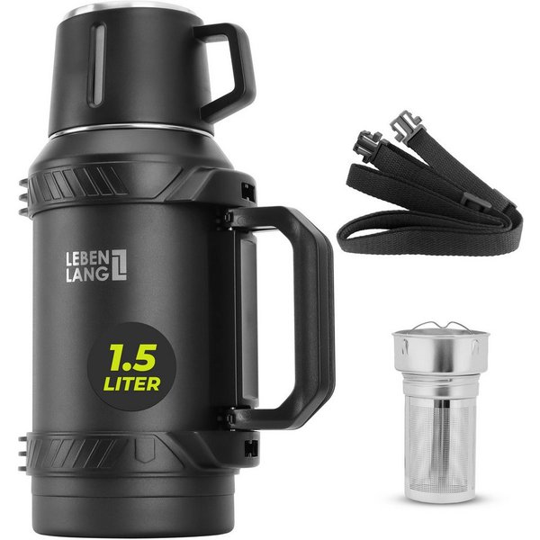 Lebenlang Thermoflasche Isolierflasche 1,5 Liter - 24h Heiß & Kalt - Inkl. Becher & Teesieb, Auslaufsicher - Große Einfüllöffnung - BPA-frei