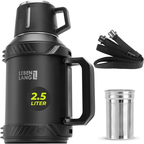Lebenlang Thermoflasche Isolierflasche 2,5 Liter - 24h Heiß & Kalt - Inkl. Becher & Teesieb, Auslaufsicher - Große Einfüllöffnung - BPA-frei