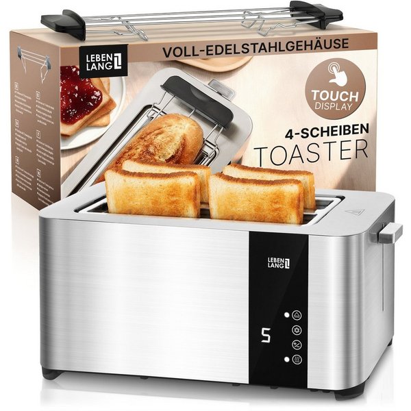 Lebenlang Toaster Premium 4-Scheiben Multifunktionstoaster aus Edelstahl, 4-Scheiben, 1400,00 W, mit Touchscreen-Display, 7 Bräunungsstufen und 4 Funktionen