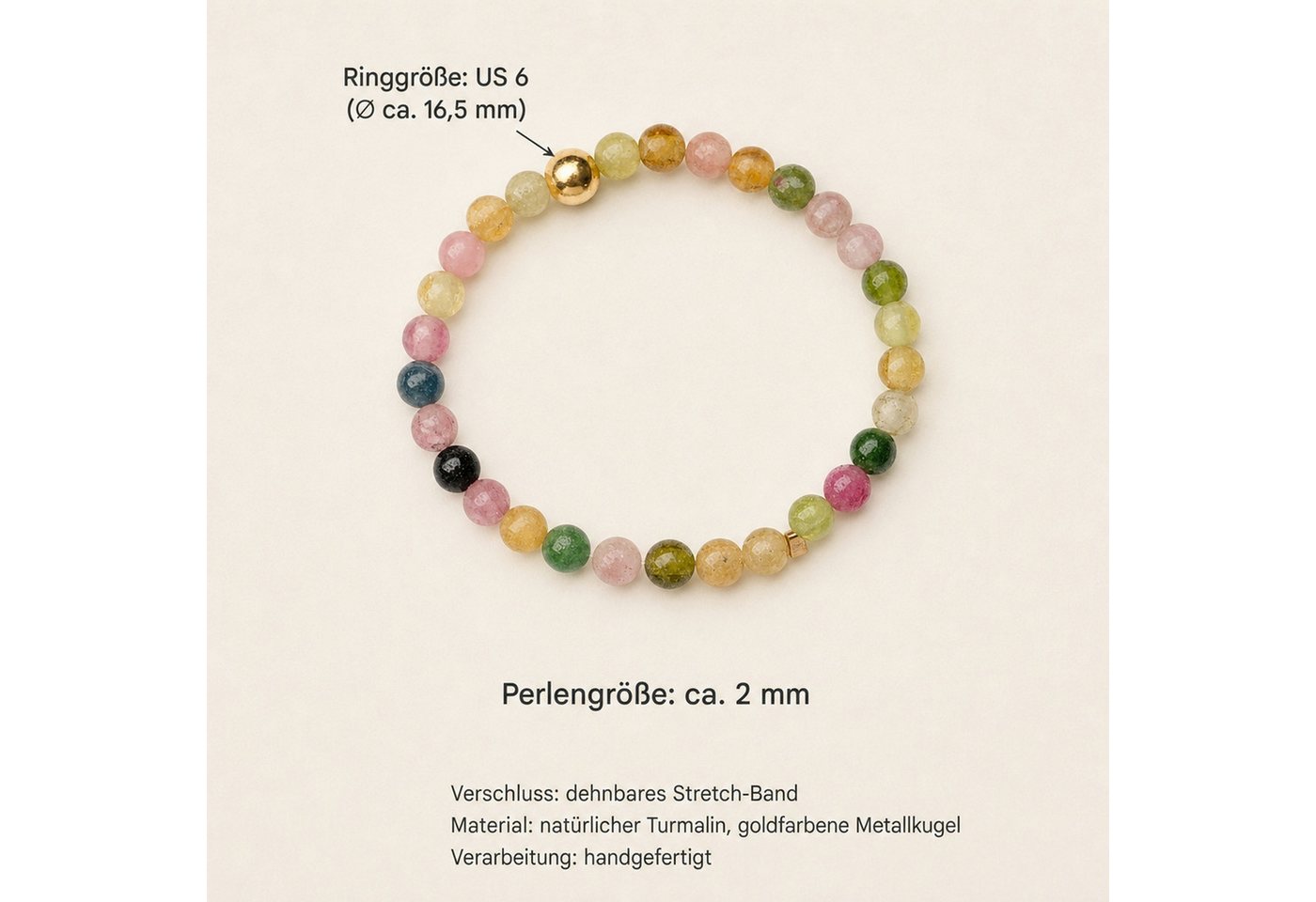 Lebensquelle Plus Fingerring Regenbogen Turmalin Ring mit goldener Kugel – Perlenring – Bild 3 von 5