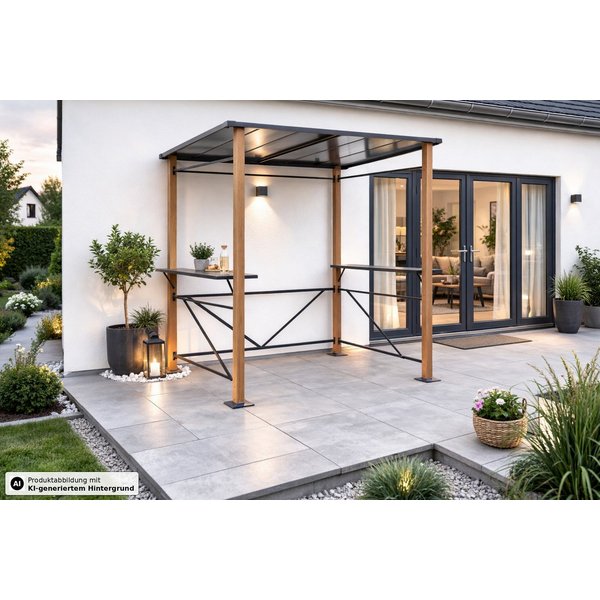 Leco Grillpavillon Luxus Grillpavillon 2,35 x 1,50 m Aluminium Holzoptik / anthrazit *, mit 0 Seitenteilen, Aluminium in Holzoptik, Stahlrohr anthrazit, Polycar