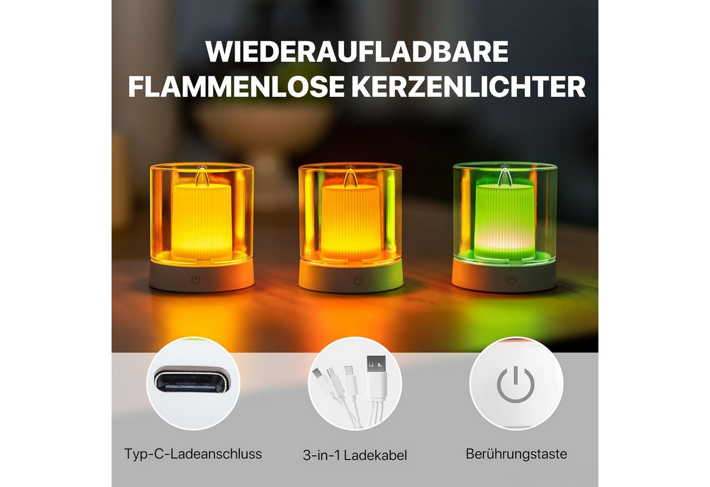 Mili LED-Kerze MiLi LED-Teelichter Set, flammenlos, wiederaufladbar, warmweiß, Warmweiß, Flammenlose LED-Kerze, wiederaufladbar abnehmbaren Silikonhüllen. – Bild 2 von 5