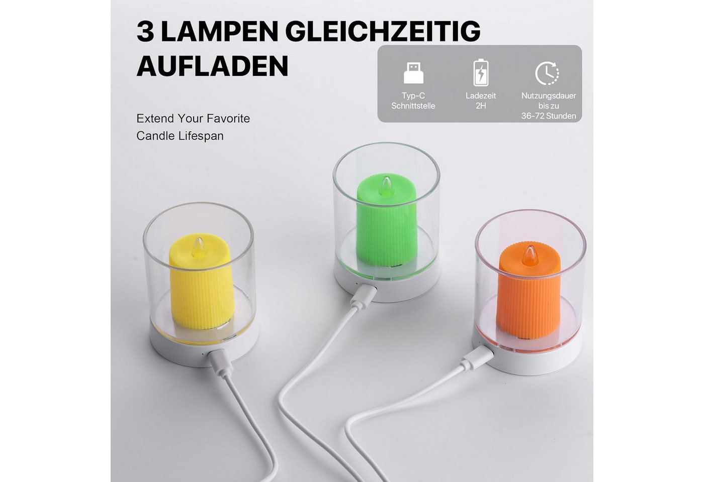 Mili LED-Kerze MiLi LED-Teelichter Set, flammenlos, wiederaufladbar, warmweiß, Warmweiß, Flammenlose LED-Kerze, wiederaufladbar abnehmbaren Silikonhüllen. – Bild 3 von 5