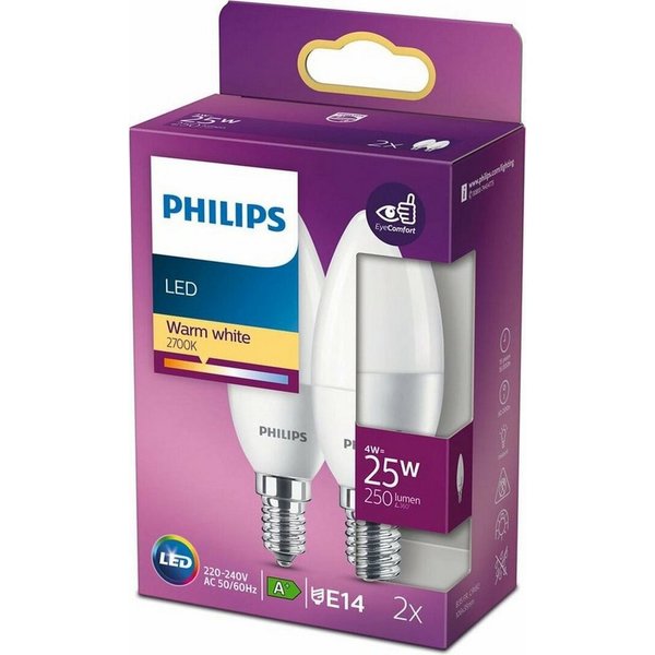 Philips LED-Leuchtmittel 2er Pack Philips LED E14 B35 4W = 25W Kerzenform 250lm 230V Warm 2700K, E14, Warmweiß