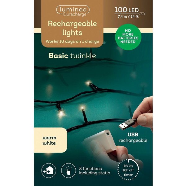 Lumineo LED-Lichterkette Lumineo, USB Lichterkette BASIC Twinkle, 100 LED 7,4 m, warm weiß, Indoor/Outdoor, 8 Funktionen, 6h-Timer, wiederaufladbar