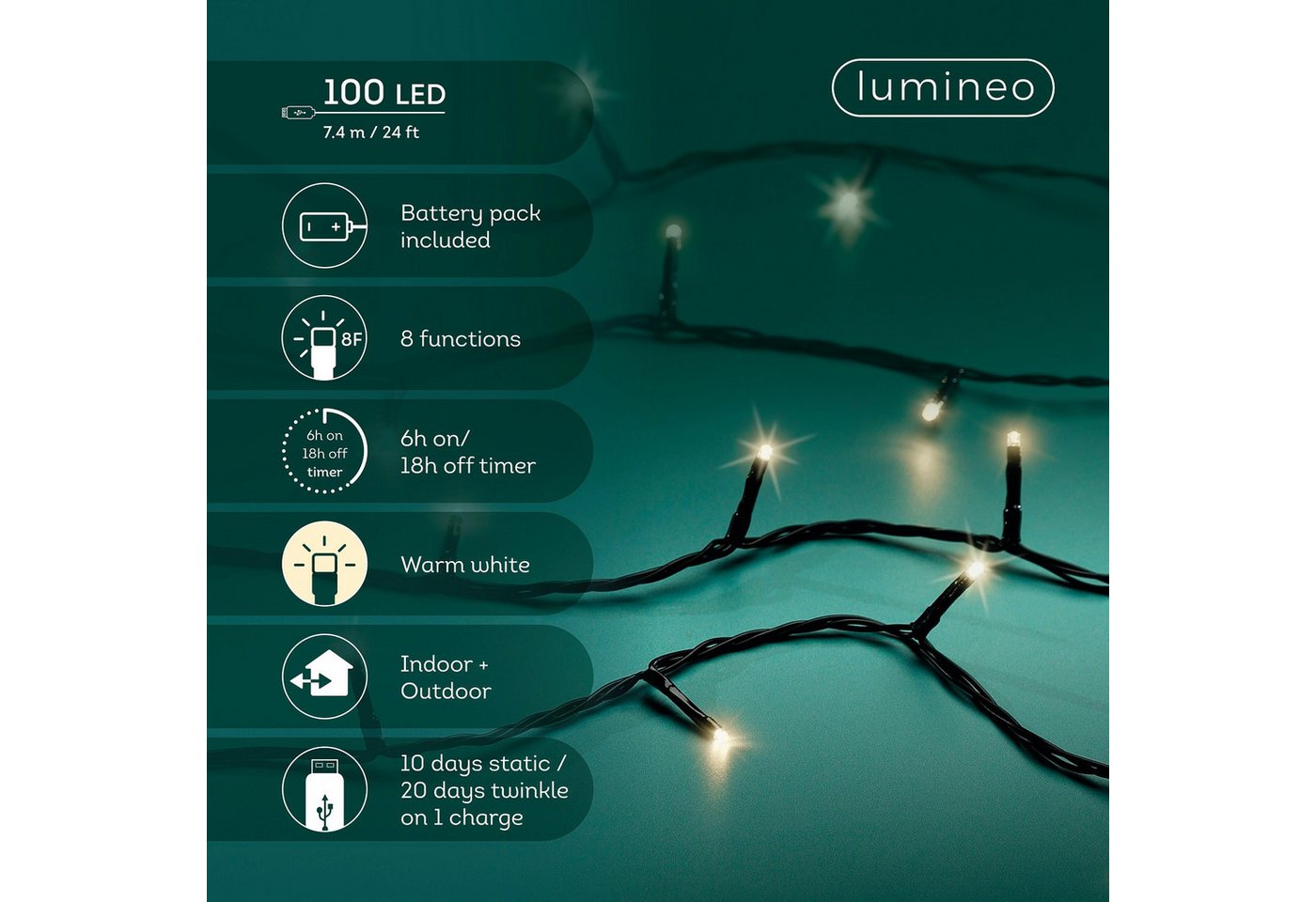 Lumineo LED-Lichterkette Lumineo, USB Lichterkette BASIC Twinkle, 100 LED 7,4 m, warm weiß, Indoor/Outdoor, 8 Funktionen, 6h-Timer, wiederaufladbar – Bild 2 von 5