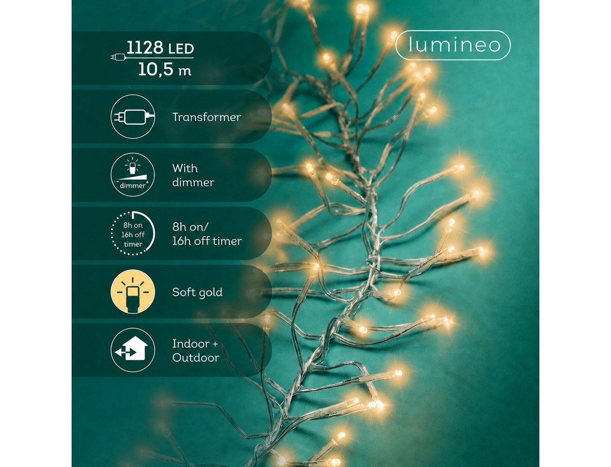 Lumineo LED-Lichterkette Lumineo, Lichterkette CLUSTER 1128 LED 10,5 m Soft Gold, transp. Kabel, Indoor/Outdoor, dimmbar, 8h-Timer, + 5 m Zuleitung – Bild 2 von 5