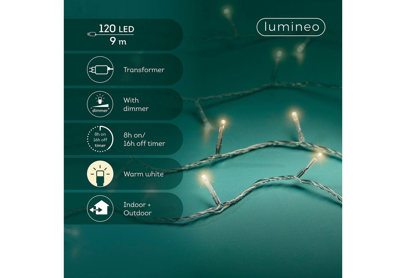 Lumineo LED-Lichterkette Lumineo Lichterkette BASIC 120 LED 9 m warm weiß, transparentes Kabel, Indoor/Outdoor, dimmbar, 8h-Timer, + 5 m Zuleitung – Bild 2 von 5