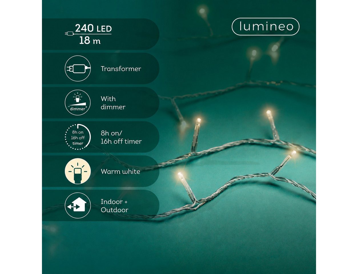 Lumineo LED-Lichterkette Lumineo Lichterkette BASIC 240 LED 18 m warm weiß, transparentes Kabel, Indoor/Outdoor, dimmbar, 8h-Timer, + 5 m Zuleitung – Bild 2 von 5