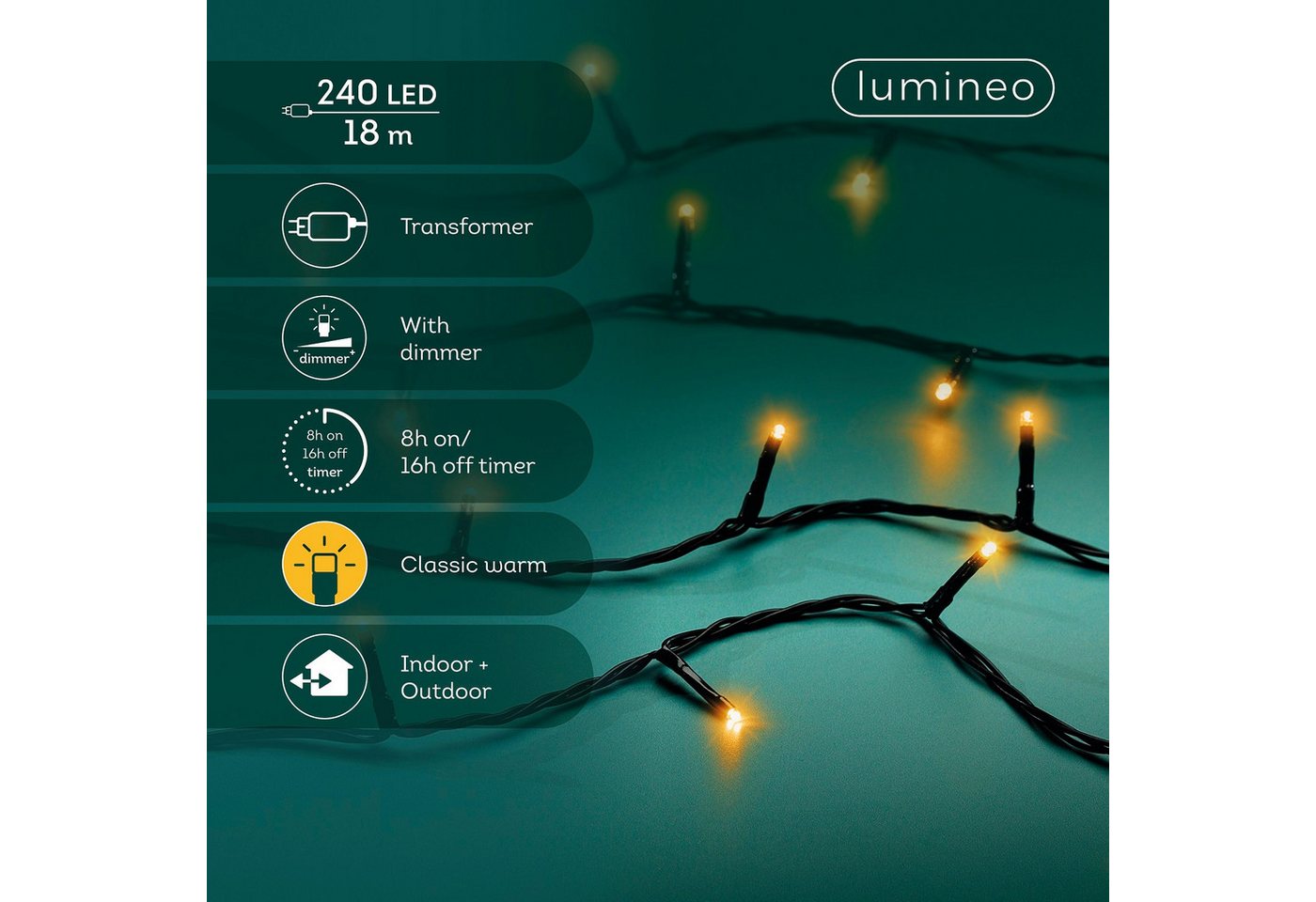 Lumineo LED-Lichterkette Lumineo Lichterkette BASIC 240 LED 18m klassisch warm, schwarzes Kabel, Indoor/Outdoor, dimmbar, 8h-Timer, + 5 m Zuleitung – Bild 2 von 5