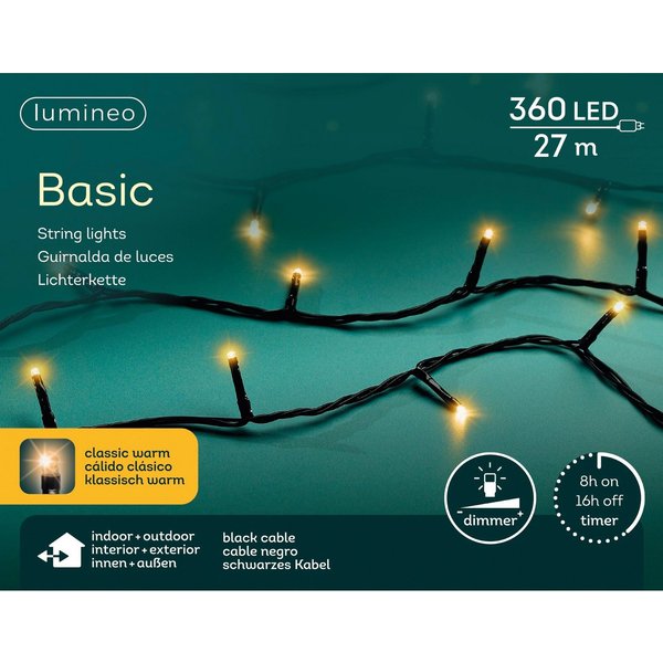 Lumineo LED-Lichterkette Lumineo Lichterkette BASIC 360 LED 27m klassisch warm, schwarzes Kabel, Indoor/Outdoor, dimmbar, 8h-Timer, + 5 m Zuleitung