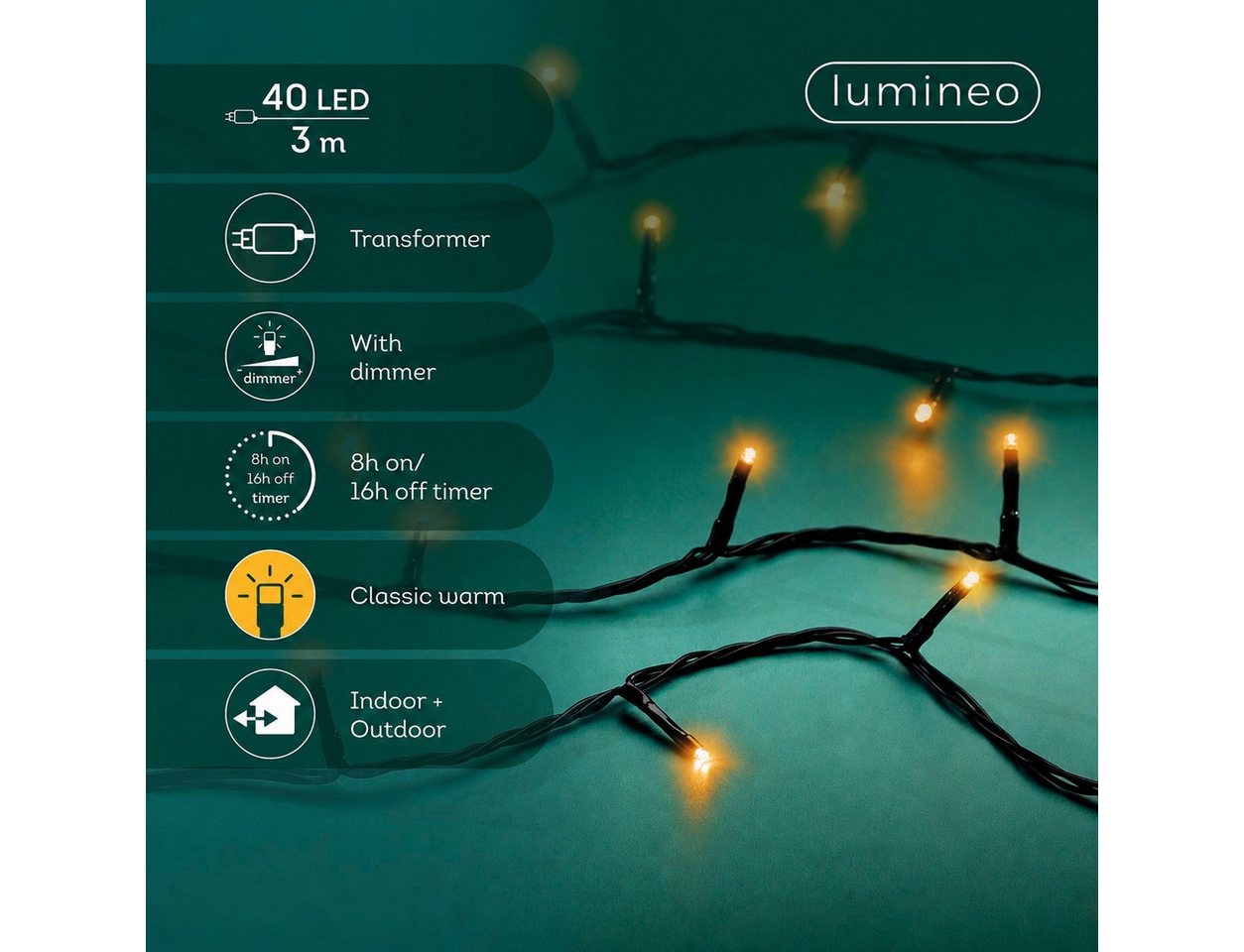 Lumineo LED-Lichterkette Lumineo Lichterkette BASIC 40 LED 3 m klassisch warm, schwarzes Kabel, Indoor/Outdoor, dimmbar, 8h-Timer, + 5 m Zuleitung – Bild 2 von 5