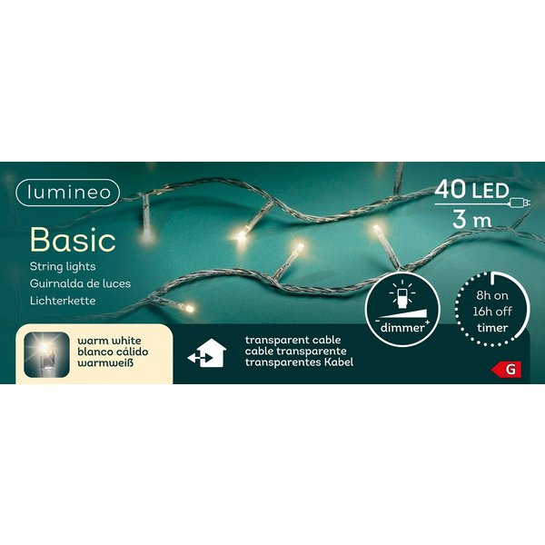 Lumineo LED-Lichterkette Lumineo Lichterkette BASIC 40 LED 3 m warm weiß, transparentes Kabel, Indoor/Outdoor, dimmbar, 8h-Timer, + 5 m Zuleitung