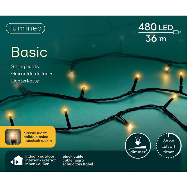Lumineo LED-Lichterkette Lumineo Lichterkette BASIC 480 LED 36m klassisch warm, schwarzes Kabel, Indoor/Outdoor, dimmbar, 8h-Timer, + 5 m Zuleitung