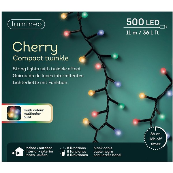 Lumineo LED-Lichterkette Lumineo Lichterkette CHERRY Compact Twinkle 500 LED 11 m Bunt, Indoor/Outdoor, 8 Funktionen, 8h-Timer, + 5 Meter