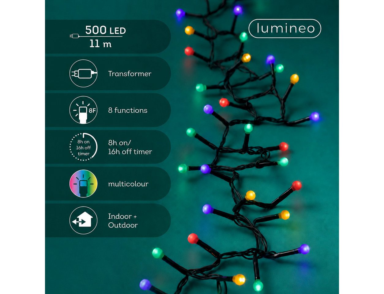 Lumineo LED-Lichterkette Lumineo Lichterkette CHERRY Compact Twinkle 500 LED 11 m Bunt, Indoor/Outdoor, 8 Funktionen, 8h-Timer, + 5 Meter – Bild 2 von 5