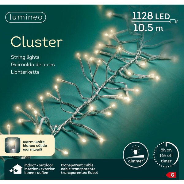 Lumineo LED-Lichterkette Lumineo Lichterkette CLUSTER 1128 LED 10,5 m warm weiß, transp. Kabel, Indoor/Outdoor, dimmbar, 8h-Timer, + 5 m Zuleitung