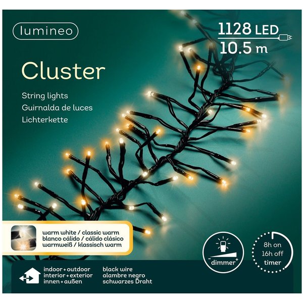 Lumineo LED-Lichterkette Lumineo Lichterkette CLUSTER 1128 LED 10,5m warm weiß + klassisch warm, Dimmbar, 8h-Timer, Indoor/Outdoor, 2 Farben