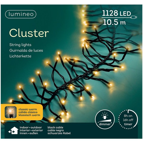 Lumineo LED-Lichterkette Lumineo Lichterkette CLUSTER 1128 LED 10,5 m klassisch warm, schwarz, Indoor/Outdoor, dimmbar, 8h-Timer, + 5 m Zuleitung
