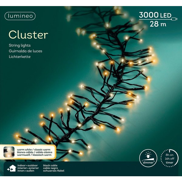 Lumineo LED-Lichterkette Lumineo Lichterkette CLUSTER 3000 LED 28 m, warm weiß + klassisch warm, Dimmbar, 8h-Timer, Indoor/Outdoor, 2 Farben, 2-3 m
