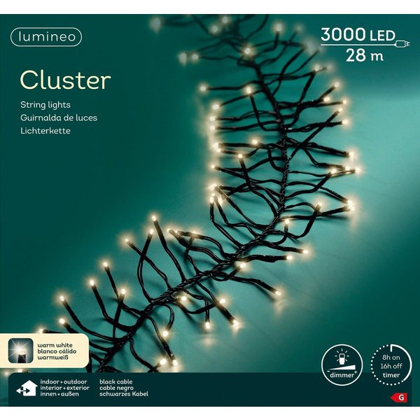 Lumineo LED-Lichterkette Lumineo Lichterkette CLUSTER 3000 LED 28 m warm weiß, schwarzes Kabel, Indoor/Outdoor, dimmbar, 8h-Timer, + 5 m Zuleitung