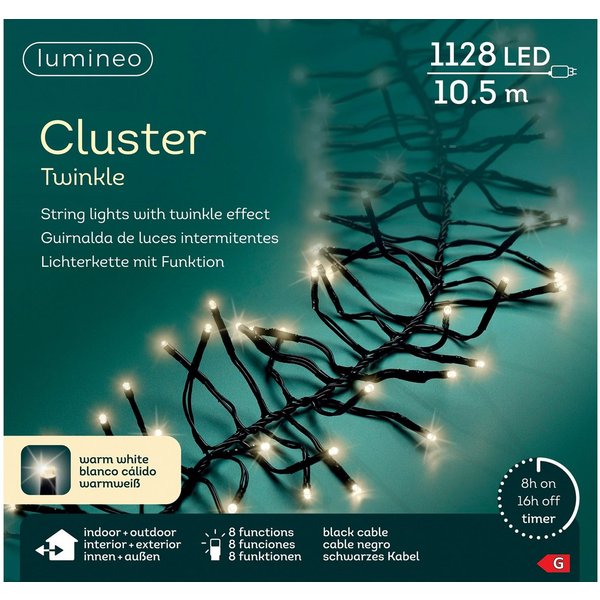 Lumineo LED-Lichterkette Lumineo Lichterkette CLUSTER TWINKLE 1128 LED 10,5m warm weiß, schwarz, Indoor/Outdoor, 8 Effekte, 8h-Timer, + 5 Meter Zuleitung