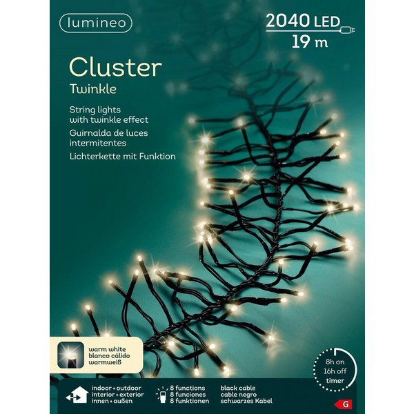 Lumineo LED-Lichterkette Lumineo Lichterkette CLUSTER TWINKLE 2040 LED 19 m warm weiß, schwarz, Indoor/Outdoor, 8 Effekte, 8h-Timer, + 5 Meter Zuleitung