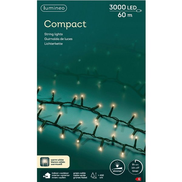 Lumineo LED-Lichterkette Lumineo Lichterkette COMPACT 3000 LED 60 m warm weiß, grünes Kabel, Indoor/Outdoor, dimmbar, 8h-Timer, 5 m Zuleitung