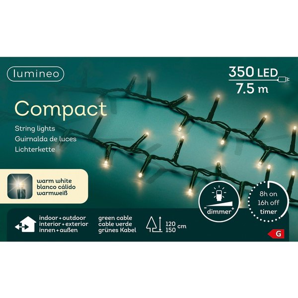 Lumineo LED-Lichterkette Lumineo Lichterkette COMPACT 350 LED 7,5 m, warm weiß, grünes Kabel, Indoor/Outdoor, dimmbar, 8h-Timer, 5 m Zuleitung