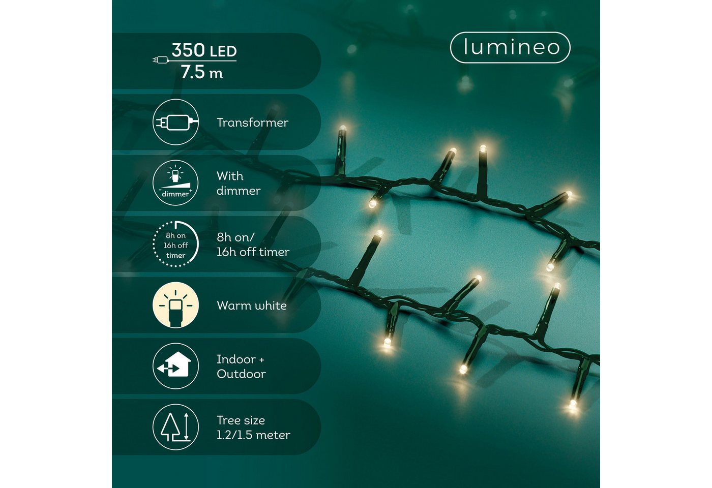 Lumineo LED-Lichterkette Lumineo Lichterkette COMPACT 350 LED 7,5 m, warm weiß, grünes Kabel, Indoor/Outdoor, dimmbar, 8h-Timer, 5 m Zuleitung – Bild 2 von 5