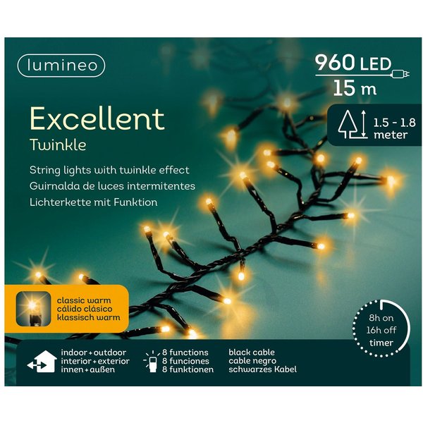 Lumineo LED-Lichterkette Lumineo Lichterkette EXCELLENT TWINKLE 960 LED 15 m klassisch warm, Indoor/Outdoor, 8 Effekte, 8h-Timer, + 5 Meter Zuleitung