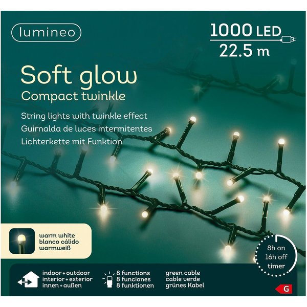 Lumineo LED-Lichterkette Lumineo Lichterkette Soft Glow COMPACT TWINKLE 1000 LED 22,5m warmweiß, Indoor/Outdoor, 8 Funktionen, 8h-Timer, + 5 Meter