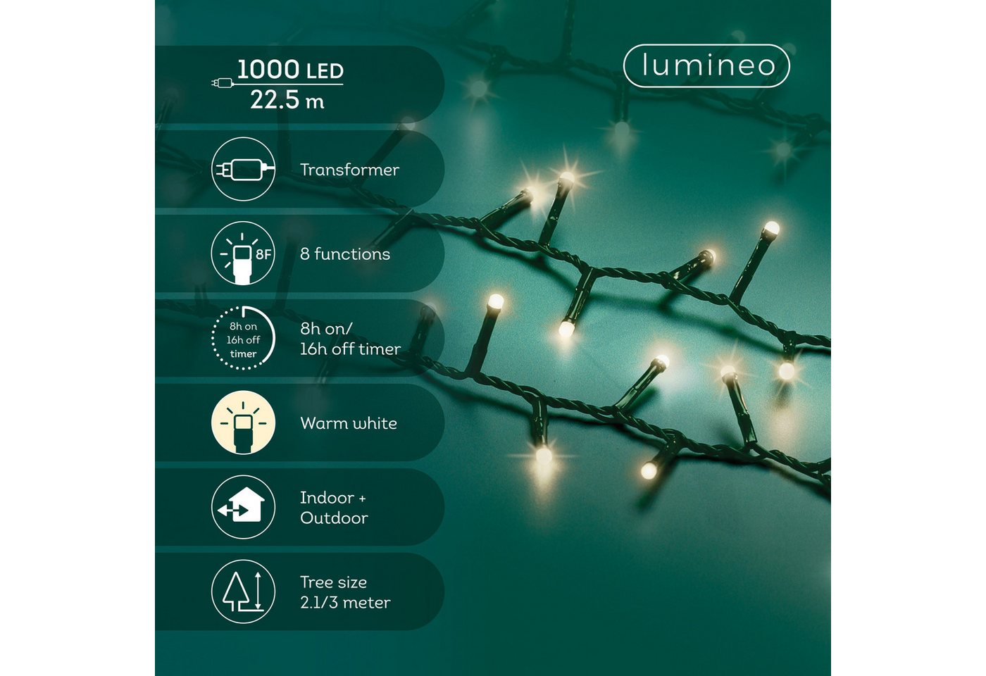 Lumineo LED-Lichterkette Lumineo Lichterkette Soft Glow COMPACT TWINKLE 1000 LED 22,5m warmweiß, Indoor/Outdoor, 8 Funktionen, 8h-Timer, + 5 Meter – Bild 2 von 5