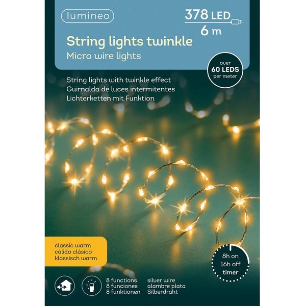 Lumineo LED-Lichterkette Lumineo Lichterkette STRING LIGHTS TWINKLE 378 LED 6 m, klassisch warm, Indoor/Outdoor, 8 Licht-Modi, 8h-Timer, + 5 Meter