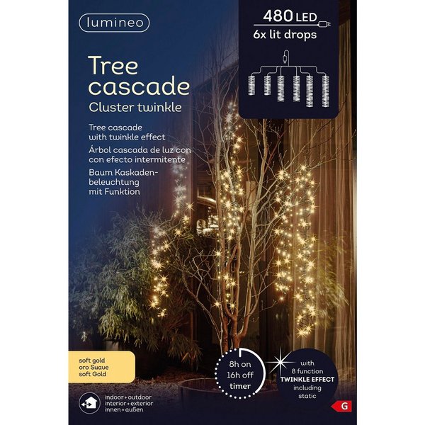 Lumineo LED-Lichterkette Lumineo, Baumbeleuchtung CLUSTER TWINKLE 480 LED Soft Gold, 6 Stränge, 8 Twinkle-Modi, 8h-Timer, Indoor/Outdoor
