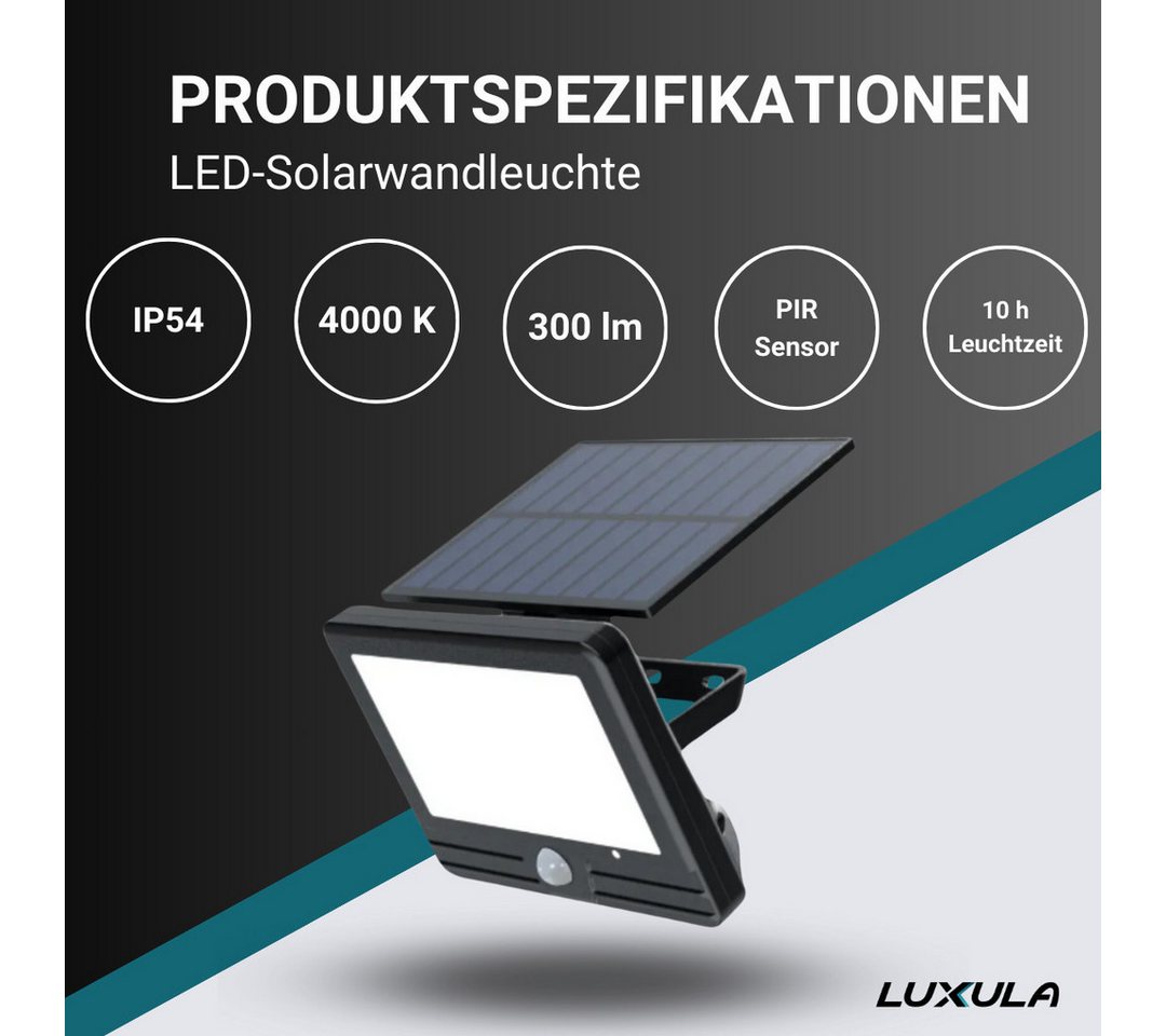 LUXULA LED Solarleuchte LUXULA LED Solar-Wandleuchte 300 lm neutralweiß schwarz, LED fest integriert, Neutralweiß – Bild 3 von 3